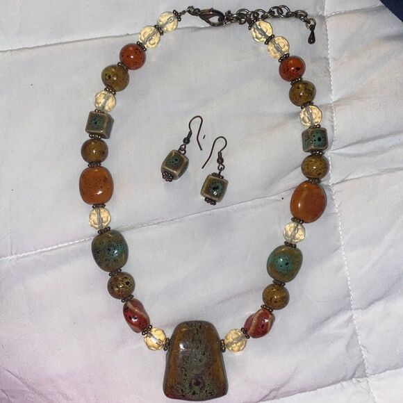 Red Creek Jasper Rounded Earth Tones Unique Pendant Necklace & Earrings Set - Picture 2 of 11